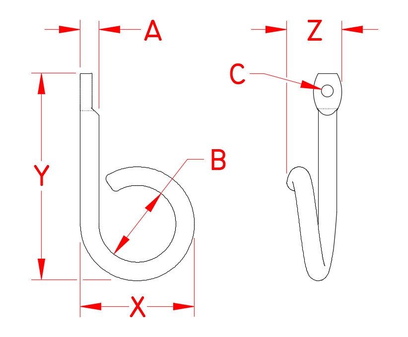 Stainless Steel Reefing Hook, S0179-R008, S0179-R010, Line Drawing